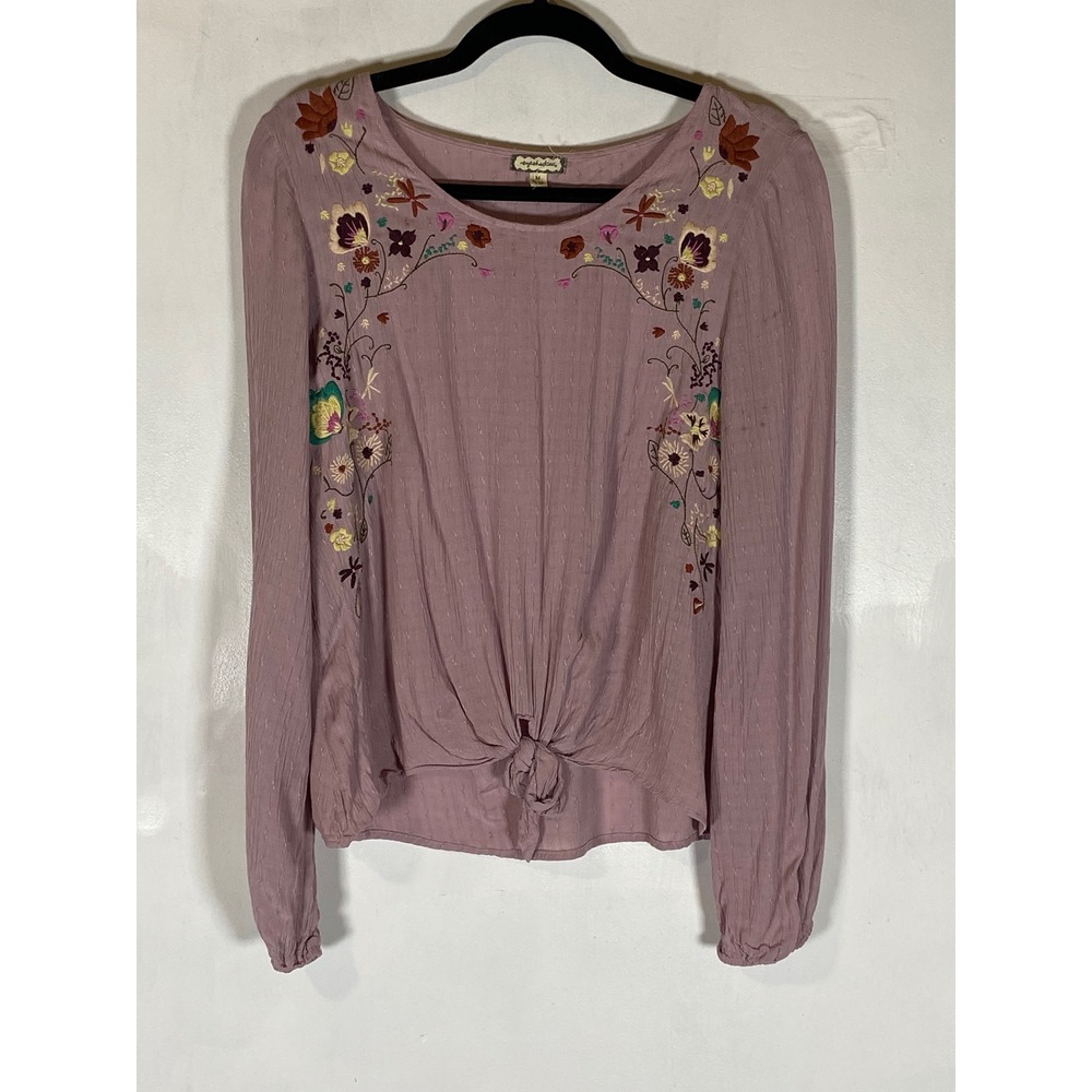 Eyeshadow Mauve Embroidered Floral Tie Front Boho Peasant Blouse Medium